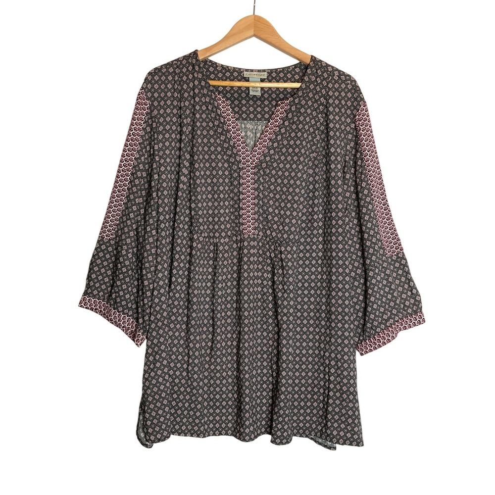 Catherines Tunic Blouse Black Red Popover Boho Peasant Block Print Career 3XL‎